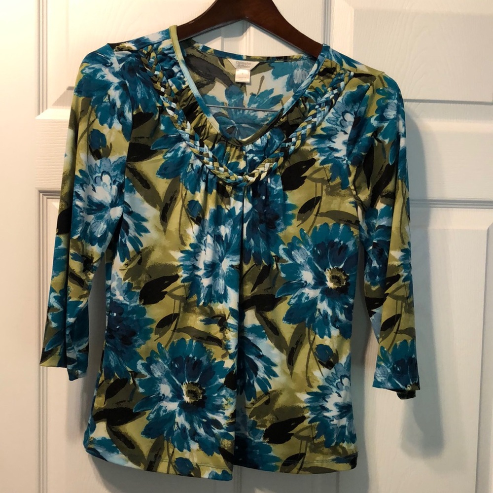 Christopher & banks small S 3/4 sleeve popover top turquoise, olive green, black